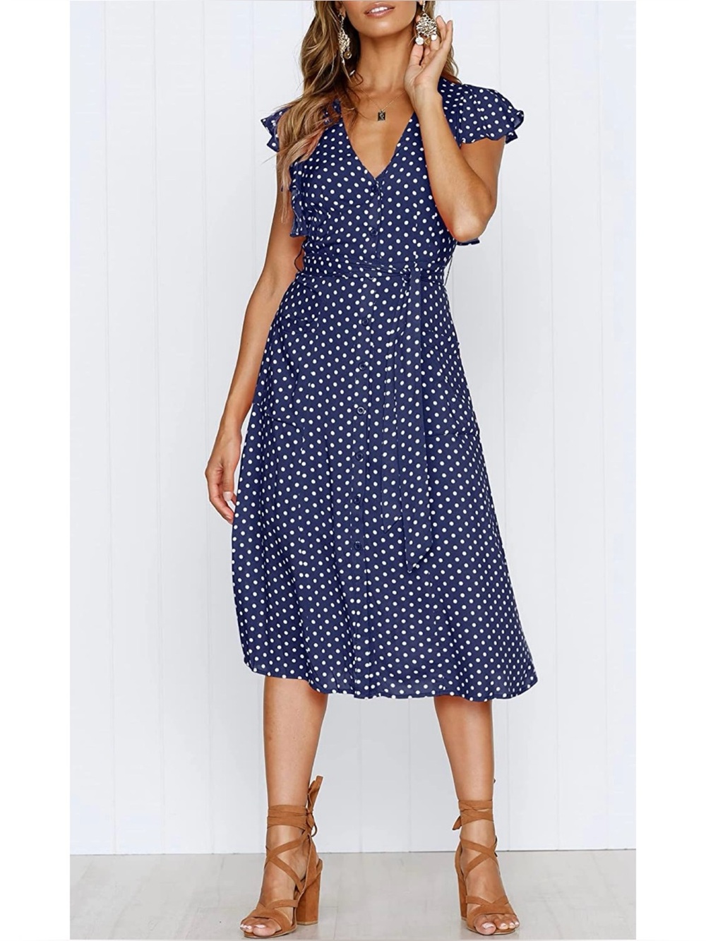 Navy Polka Dot V-Neck Midi Dress
